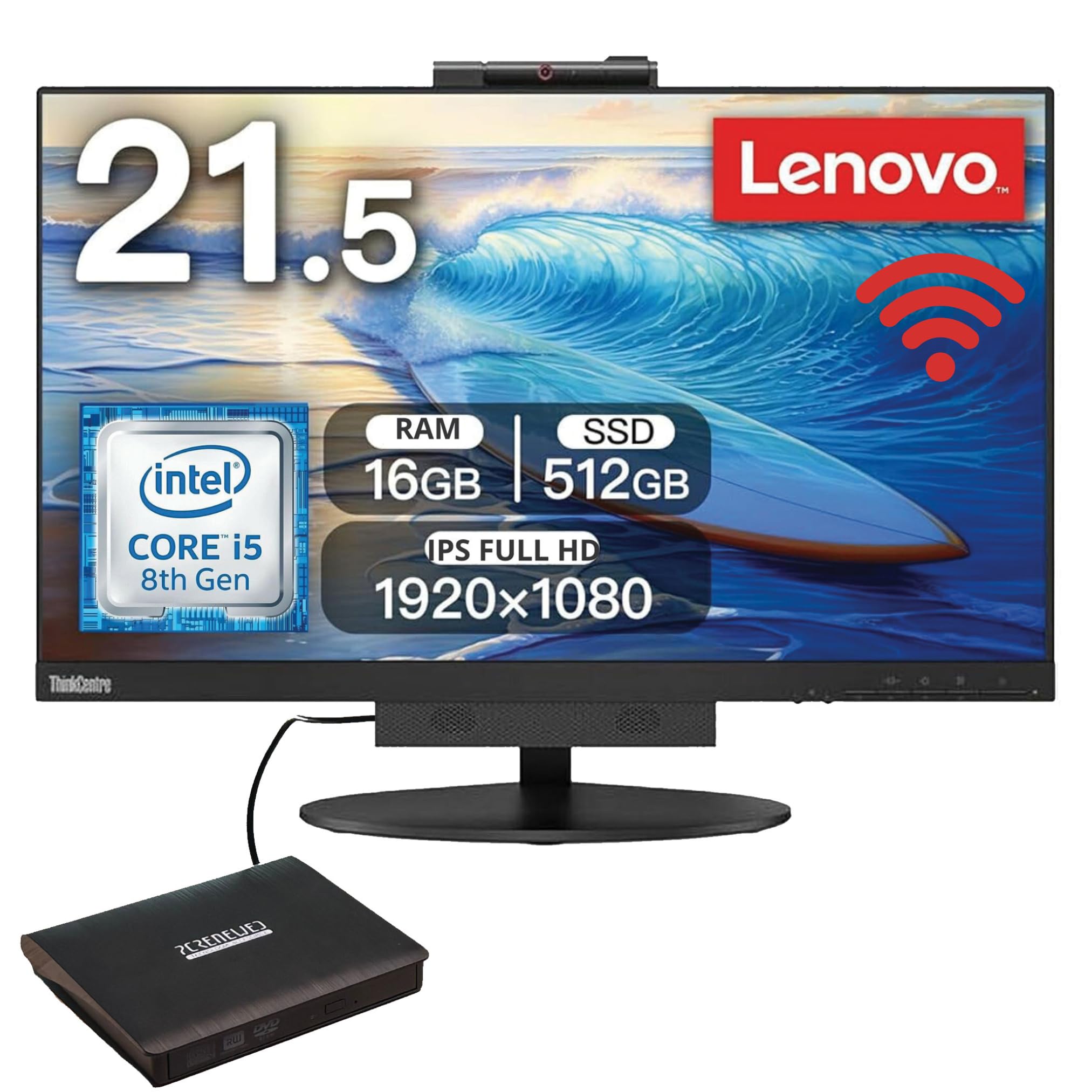 Lenovo TIO 22 PC todo en uno, Intel i5 8400T, 16 GB de RAM, SSD de 512 GB, Office 2021, Wi-Fi y Bluetooth, DVD RW incluido (reacondicionado)