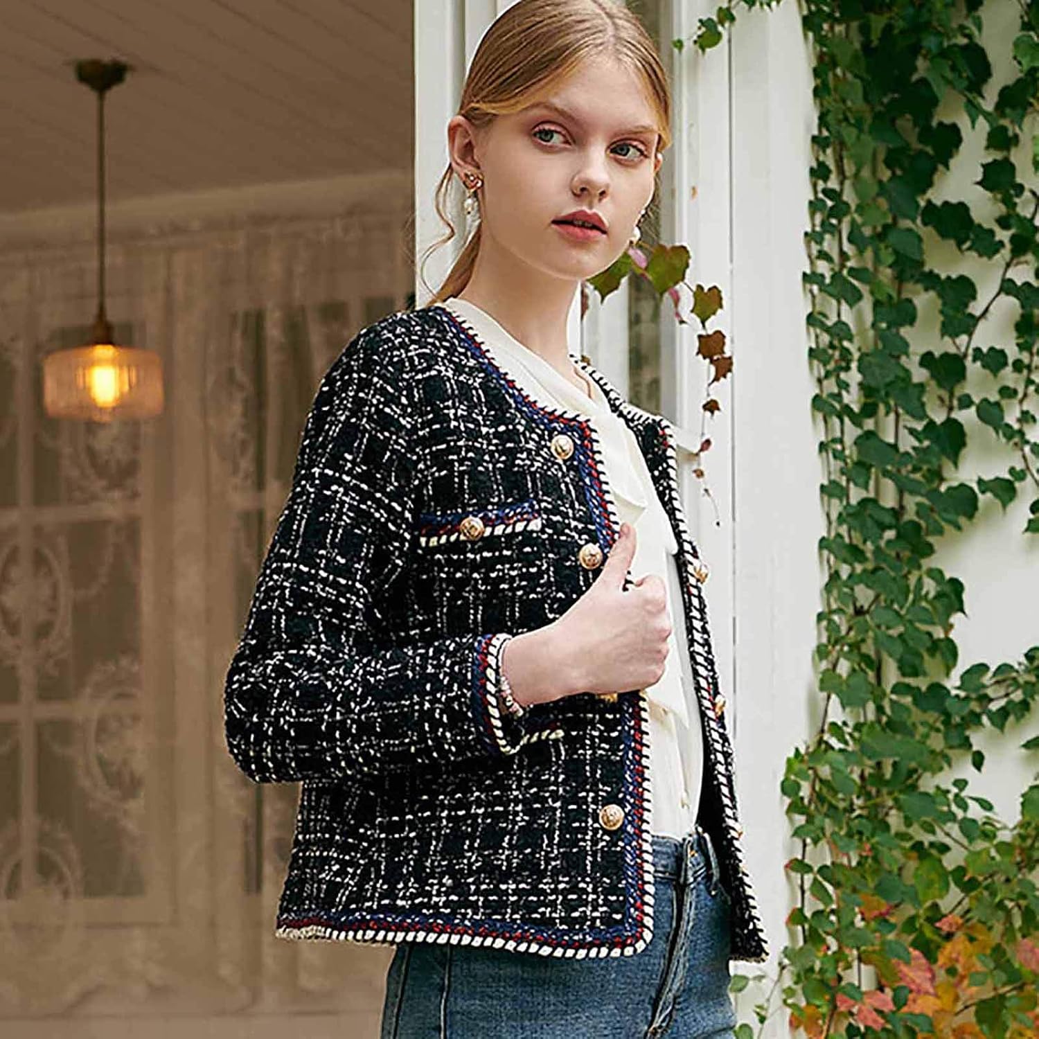Blazer tendance en tweed à double boutonnage vintage à manches longues et poches à rabat pour femme, comme sur l'image, M