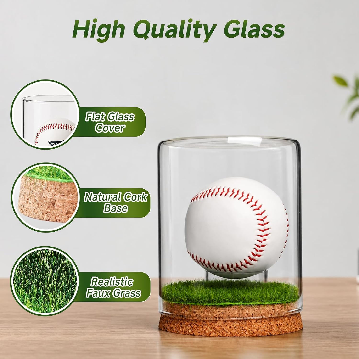 Rocalt Baseball Display Case, Real Glass Holder for Signed Baseballs | Glass cover, cork base, faux grass, tabletop display for official, signed or game-used baseballs