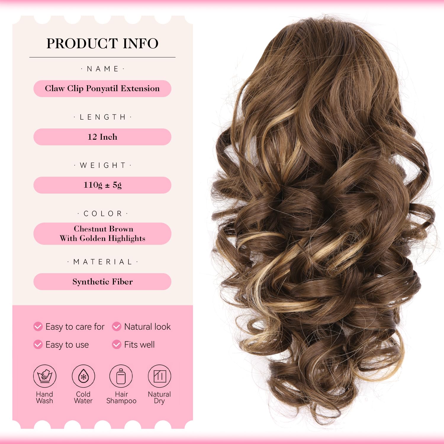 clip on ponytails for women - 12 inch curly ponytail extension, wavy pony tails hair extensions, synthetic hair extensions ponytail, clip in ponytail (color: chestnut brown with golden highlights) 12 inch chestnut brown with golden highlights