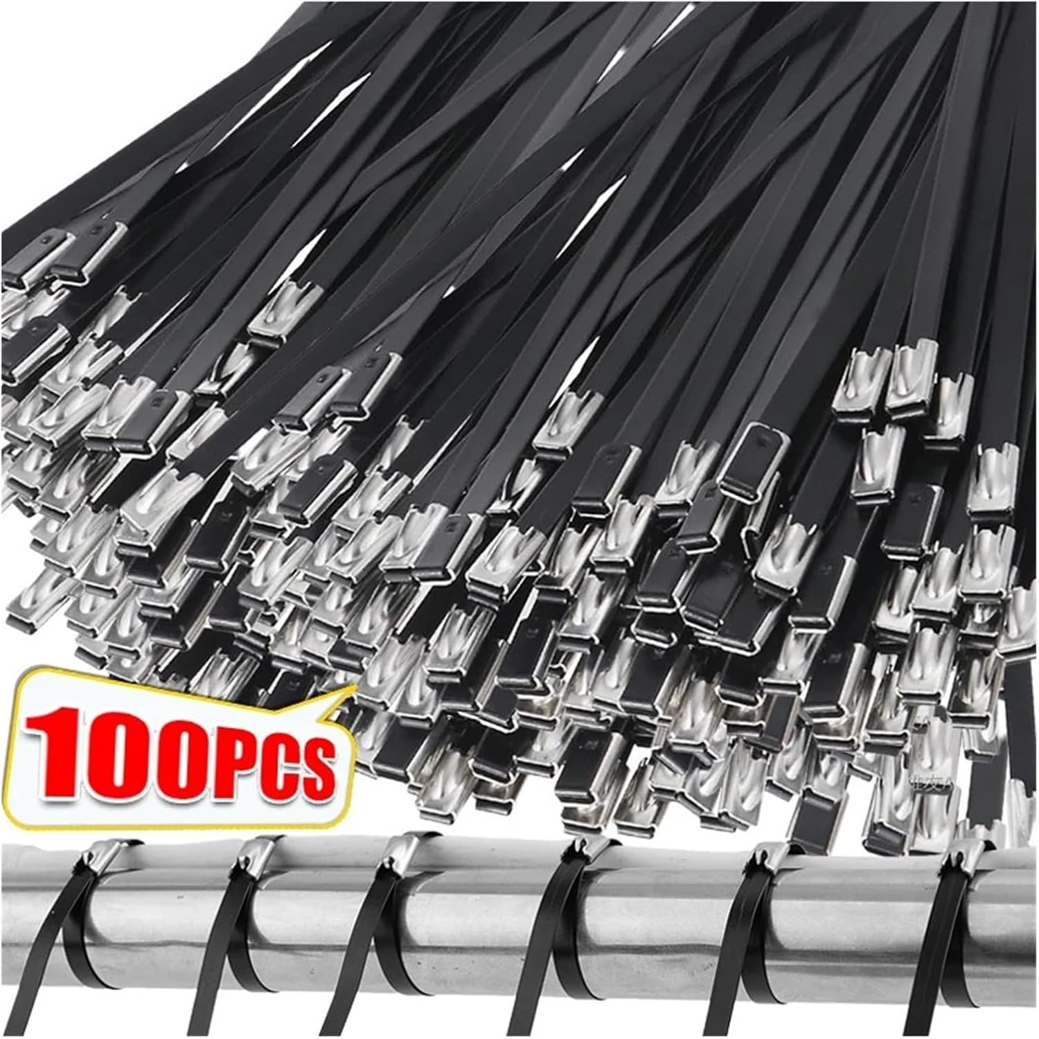 Stainless Steel Wire Ties 10-100pcs Stainless Steel Cable Ties Metal Self-Locking Fastening Straps Black Heavy Duty Cable Wire Tie Exhaust Wrap Rings(30cm,100pcs)
