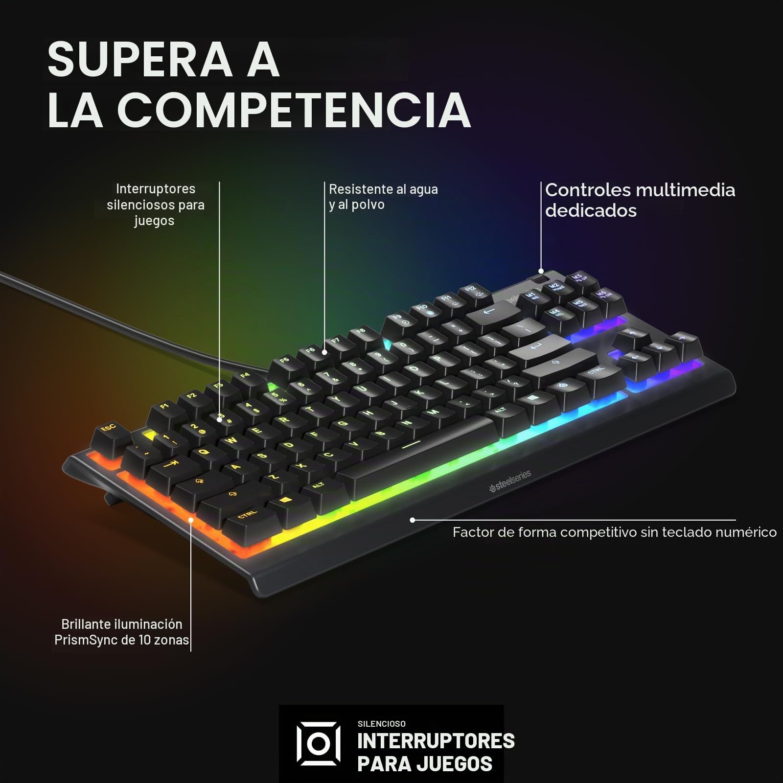 SteelSeries Apex 3 TKL RGB Teclado para juegos - Factor de forma compacto Tenkeyless - Iluminación RGB de 8 zonas - IP32 resistente al agua y al polvo - Interruptor de juego silencioso - Anti-ghosting