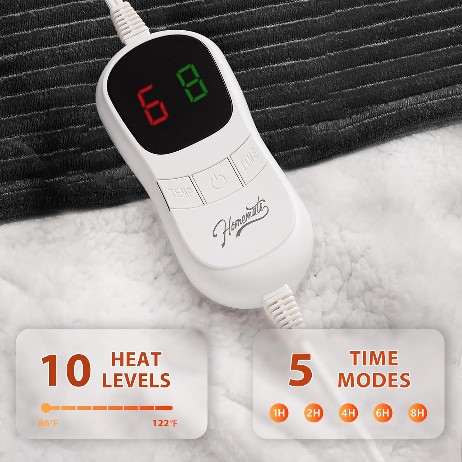 Homemate Heated Blanket Electric Throw - 50"x60" Heating Blanket Throw 1/2/4/6/8 Hours Auto-Off 10 Heat Levels Over-Heat Protection Soft Flannel Sherpa ETL Certification - Image 3
