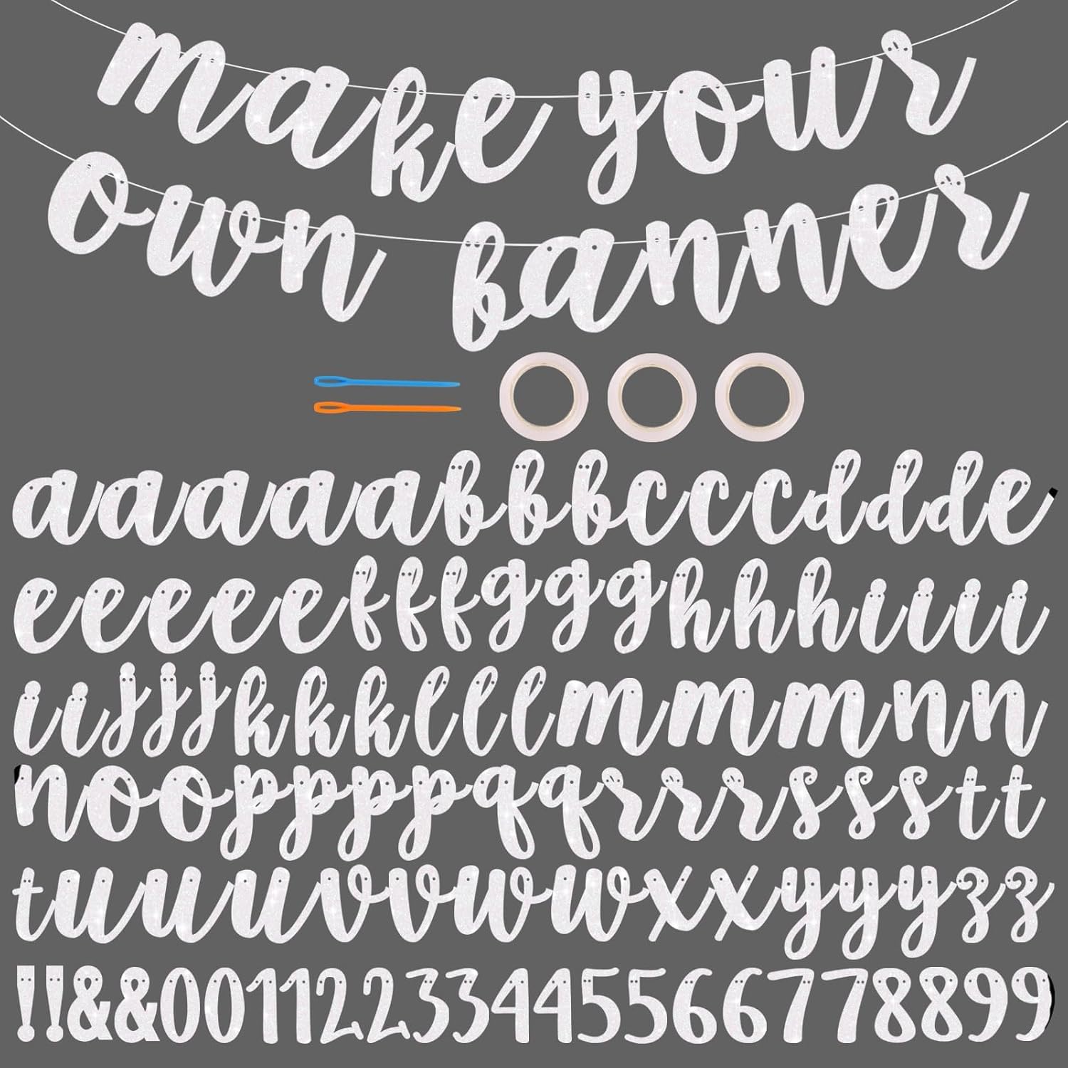 DecoGlee 116 PCS A-Z Glitter Cursive White DIY Letter Banner Kit Make Your Own Banner，Including 111 Letters and Numbers 3 Rope and 2 Threading Device,for Birthday Graduation Wedding Halloween Party — image 1