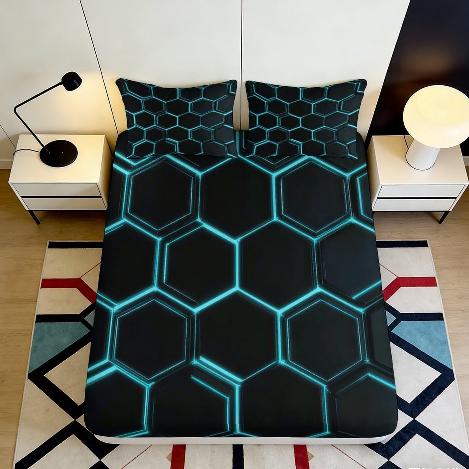 3D Printed Hexagon Blue Grid Fitted Sheet Microfiber Modern Geometric Mattress Cover for Bedroom Guest Room Decor 90x200x25cm
