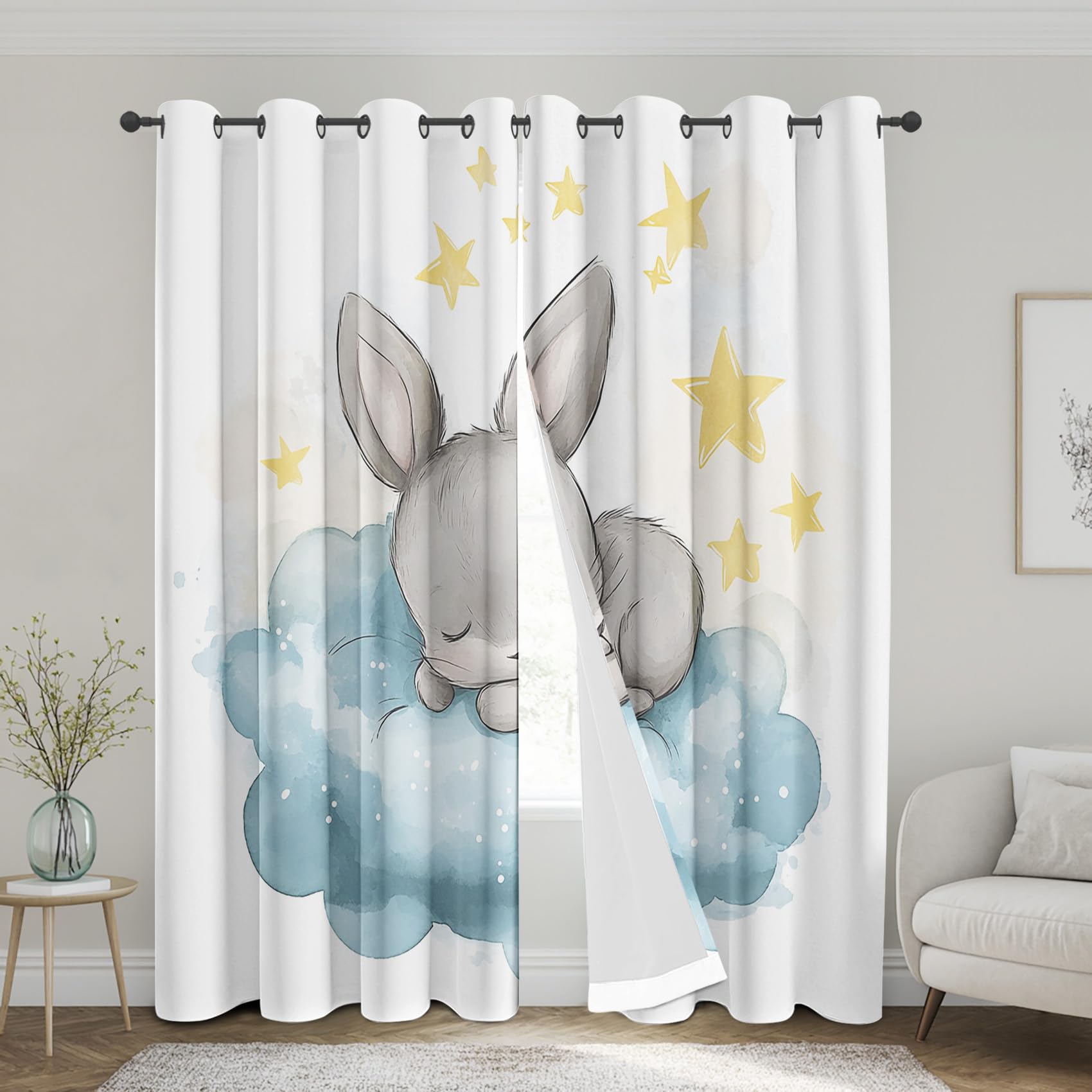 Rabbit Sleeping Curtains for Nursery Bedroom 63 Inch Length 2 Panels, Cute Stars Clouds Kids Blackout Curtains, Thermal Insulated Grommet Window Curtain for Living Room Drapes a1FT&-226