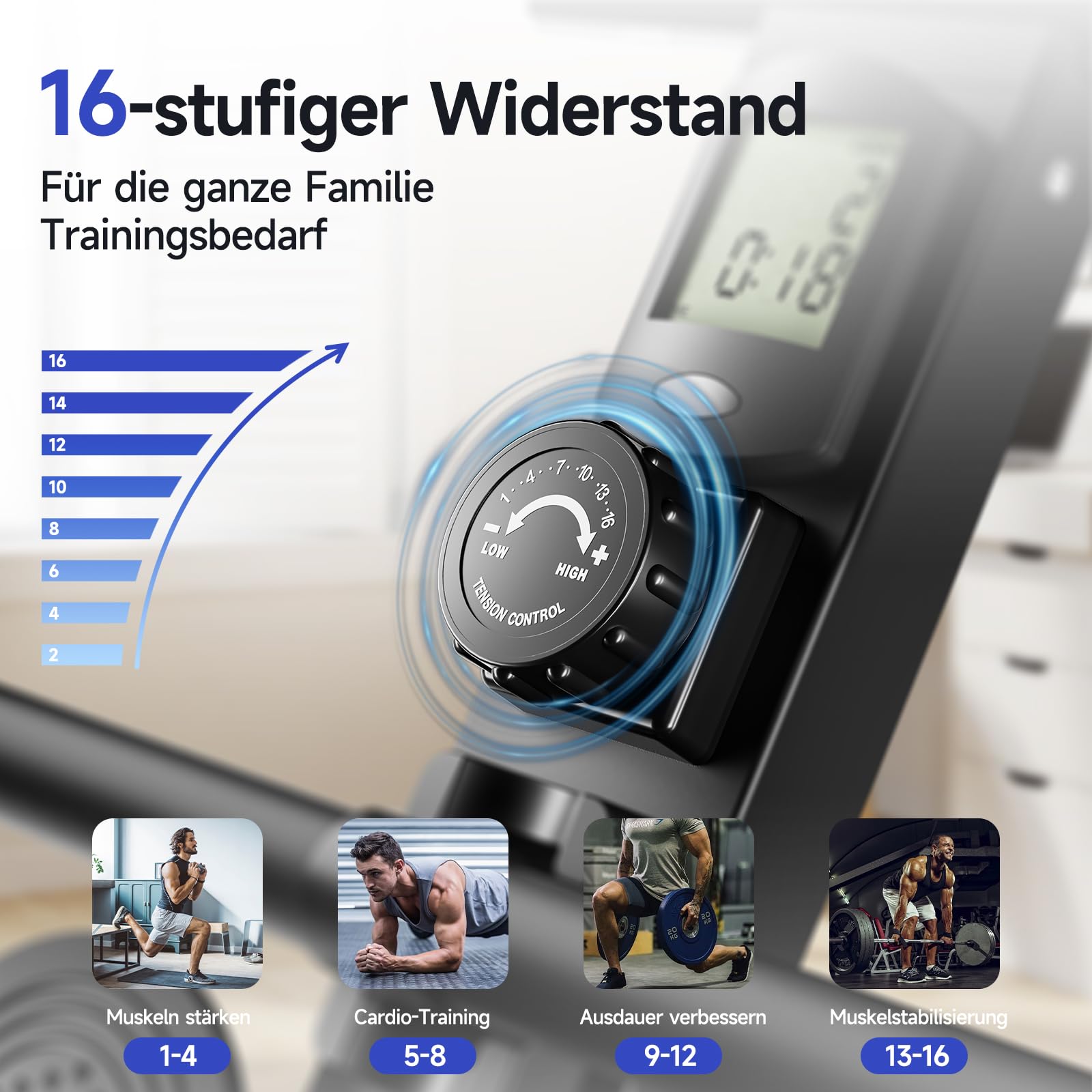 YPOO Rudergerät für Zuhause, Leises magnetisches Rudergerät, mit 16 Widerstandsstufen und doppelter Gleitschiene – Belastbarkeit bis 150 kg, mit LCD-Display, gepolstertem Sitz und App-Unterstützung