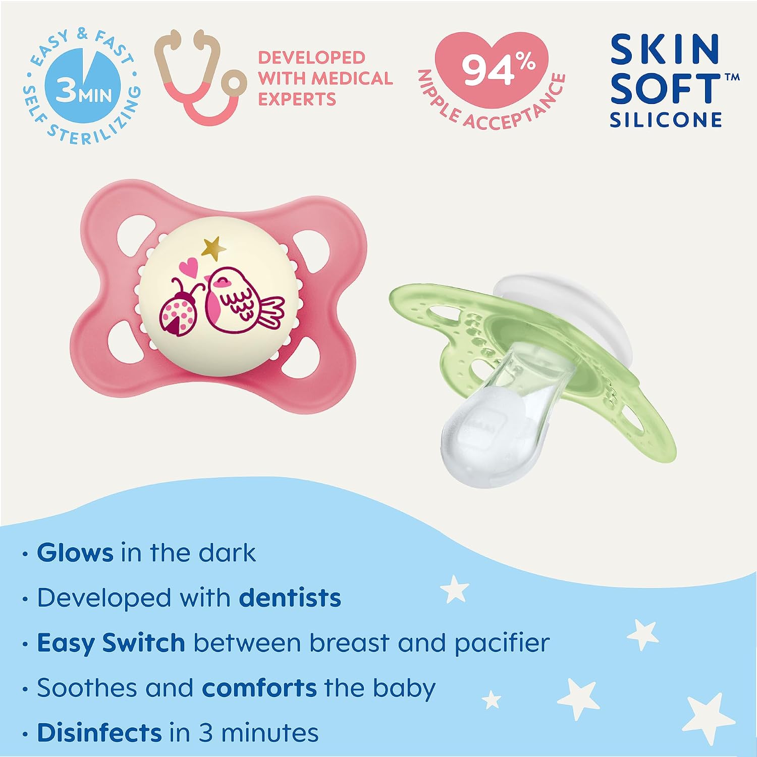MAM Pacifiers 0-6 Months 4-Pack with Glow-in-Dark + 2-Pack Self-Sterilizing Case and Night Pacifiers for Baby Girl