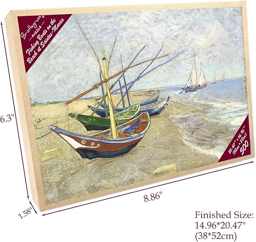 Miniatura 2 de Bristlegrass Rompecabezas de madera de 500 piezas para adultos, pinturas famosas de Van Gogh, barcos de pesca en la playa en Les