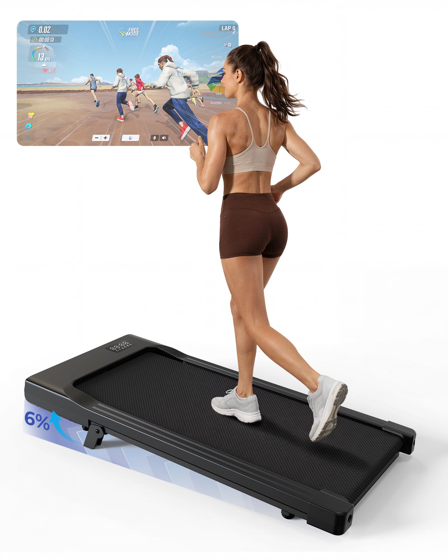 MJWW Walking Pad mit Steigung 6%, Laufband für Zuhause & Büro 136 KG mit Smart App 6 km/h & 12 km/h, Laufband Schreibtisch Leise 2.5 PS mit Schulungskurse und Multiplayer-Wettbewerbe