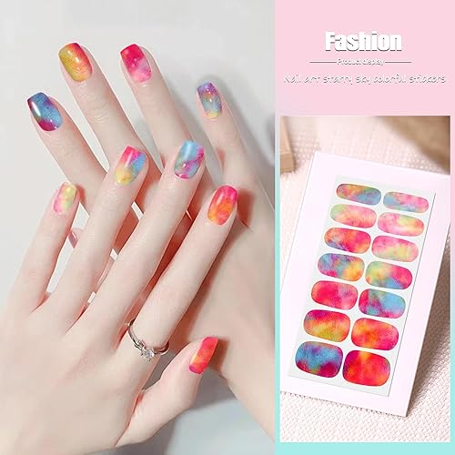 Miniatura 10 de SILPECWEE 16 hojas de envolturas de uñas de estilo negro para mujer tiras de esmalte de uñas adhesivas con purpurina de color sólido calcomanías de