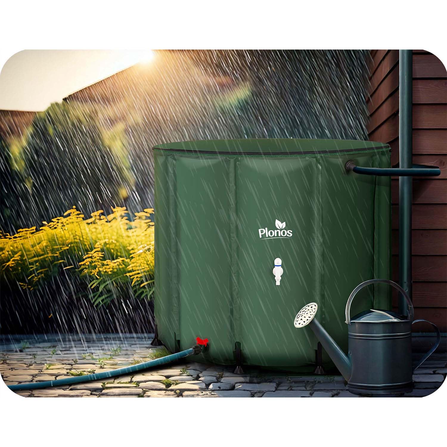 Barile per l'acqua piovana da 650 l con valvola di scarico 85 x 100 cm, verde