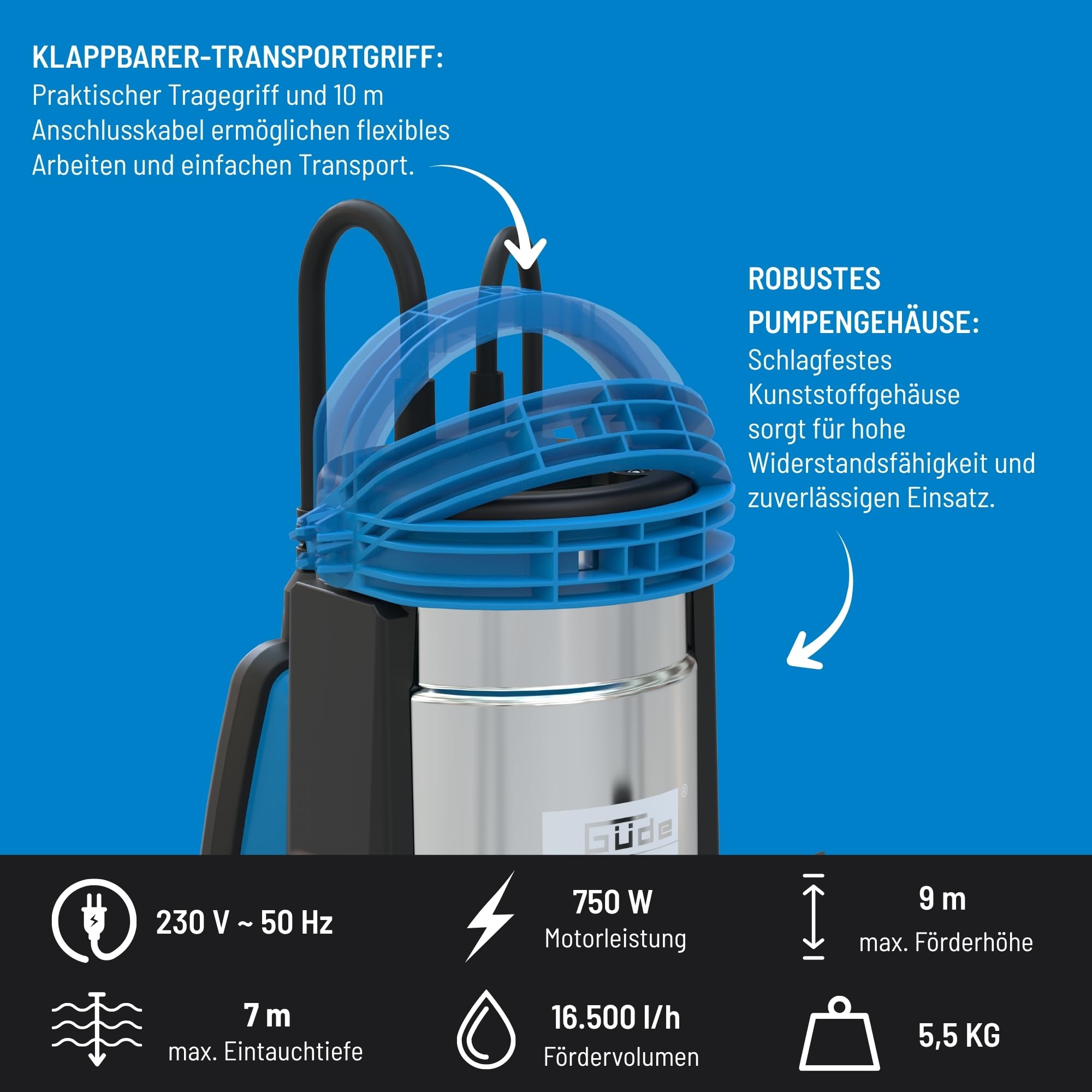 Güde 94600 Kombitauchpumpe GS 750.1 2in1 (750 W, 16.500l/h, max. Förderhöhe 9 m, max. Eintauchtiefe 7 m), Blau, Schwarz