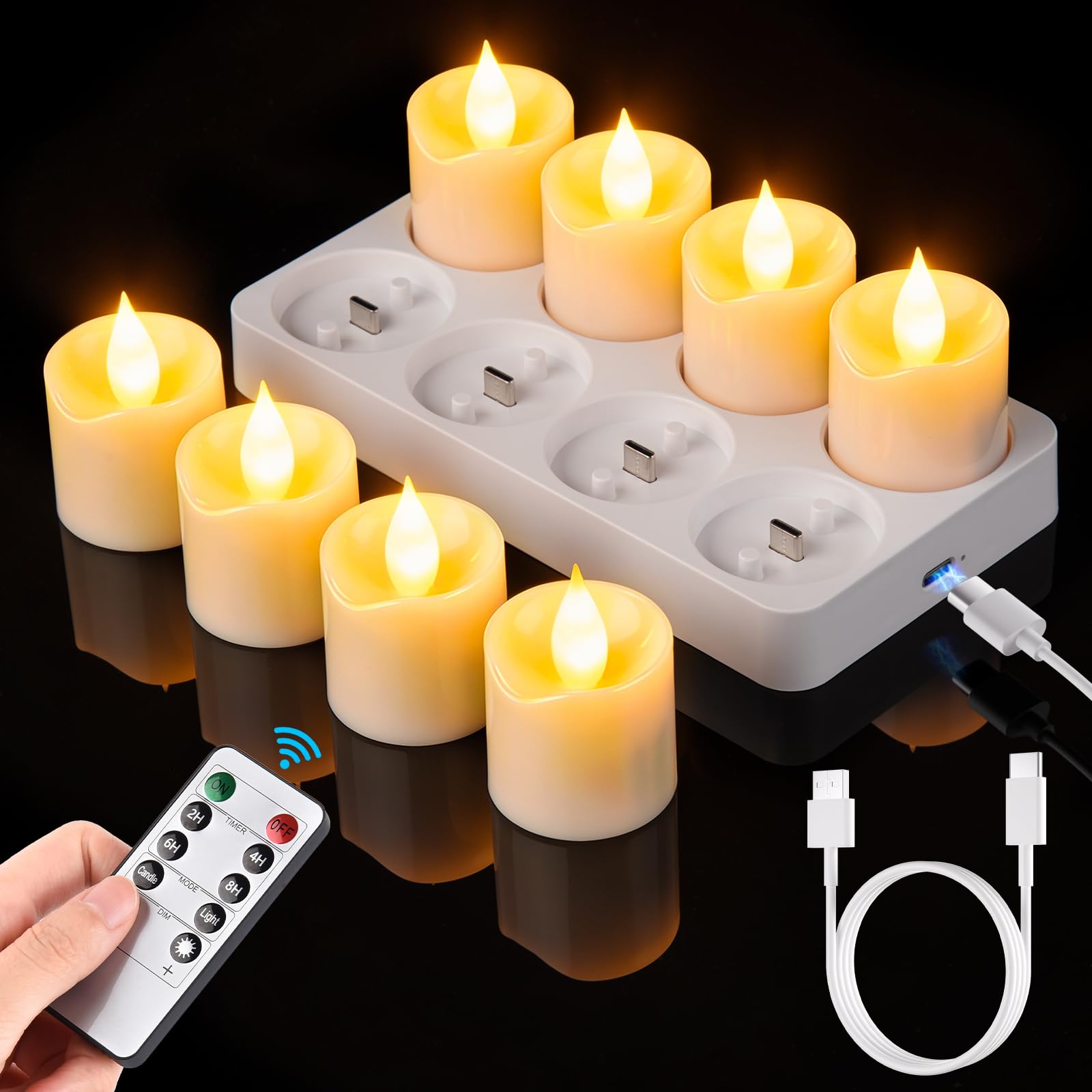 Set de 8 Velas Té LED Recargables con Estación de Carga y Mando a Distancia