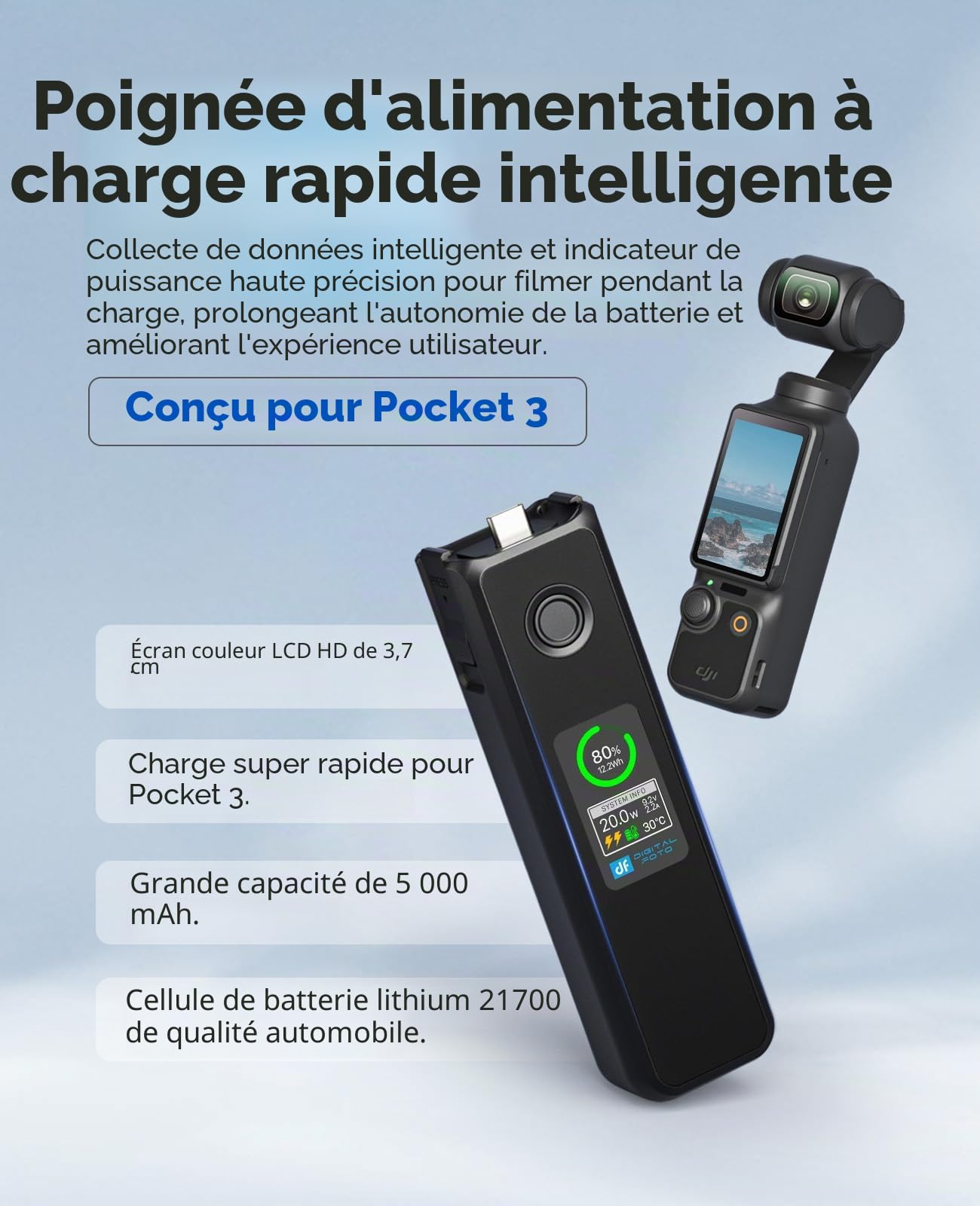 Osmo Pocket 4/3 Poignée de batterie 20 W à charge rapide Compatible avec DJI Pocket 3/Xtra Muse avec écran LCD couleur Vitesse de charge et température de la batterie visible, 5000 mAh