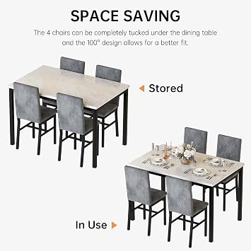 HOOSENG Dining Table and Chairs Set 4, Faux Marble Kitchen Table with 4 Velvet Dining Chairs,Modern Dining Room Table Set for Small Spaces,Beige