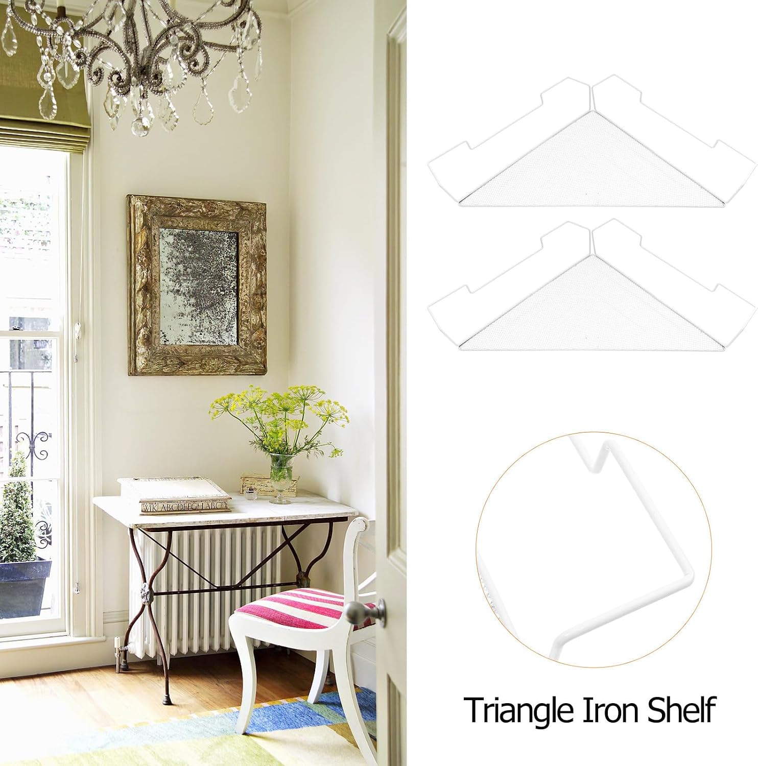 Shelf Storage Rack Organizer Triangle with Hooks Corner White Iron 2pcs Nail-Free Hanging with Ventilated Design for Office or Balcony