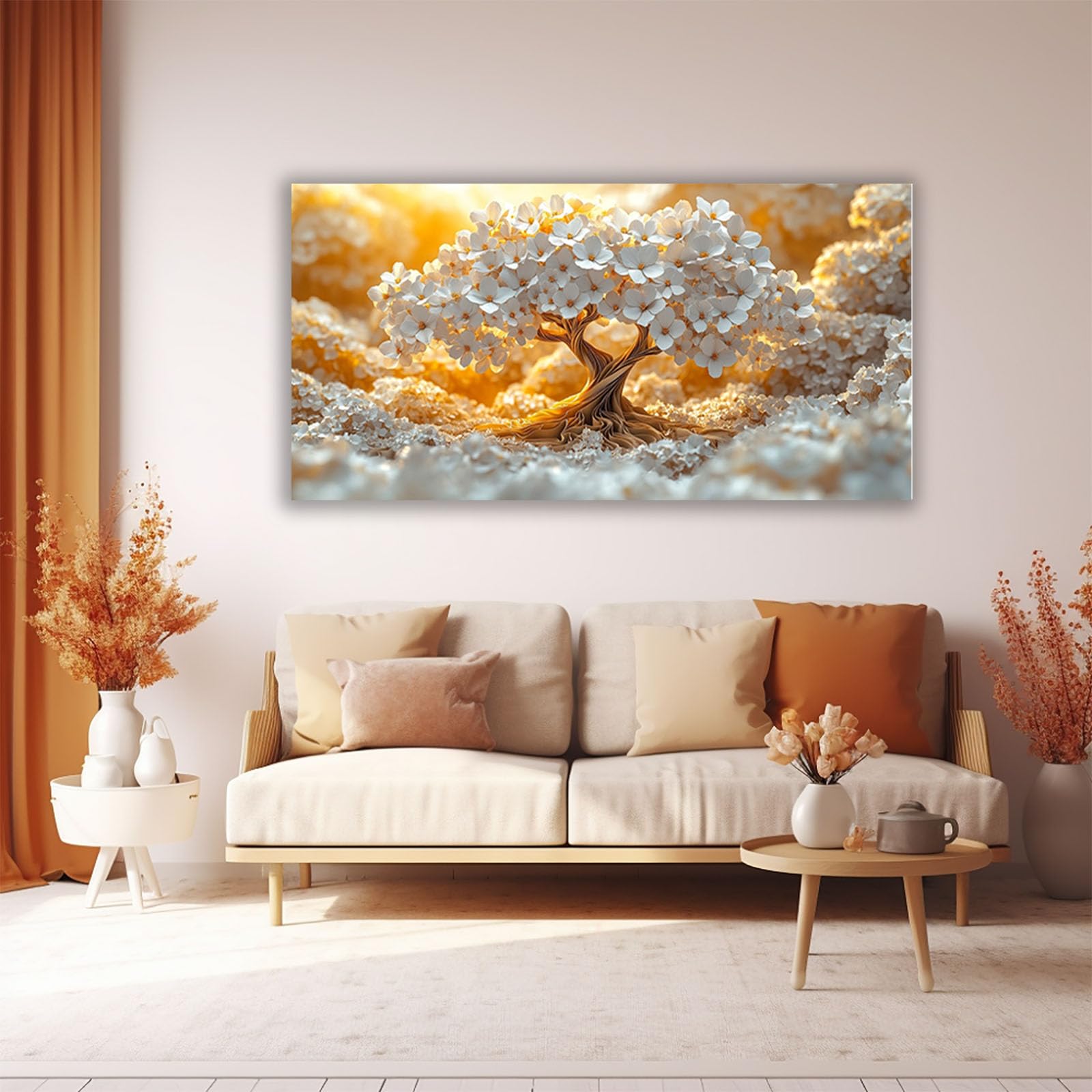 TERUEA Cuadros Decorativos Modernos Floral Brillante Árbol Blanco Nube Dorada Cielo Cuadros Decoracion Salon yoga femenino flor salud Lienzos decorativos（Gold-40x80cm1 Sin marco
