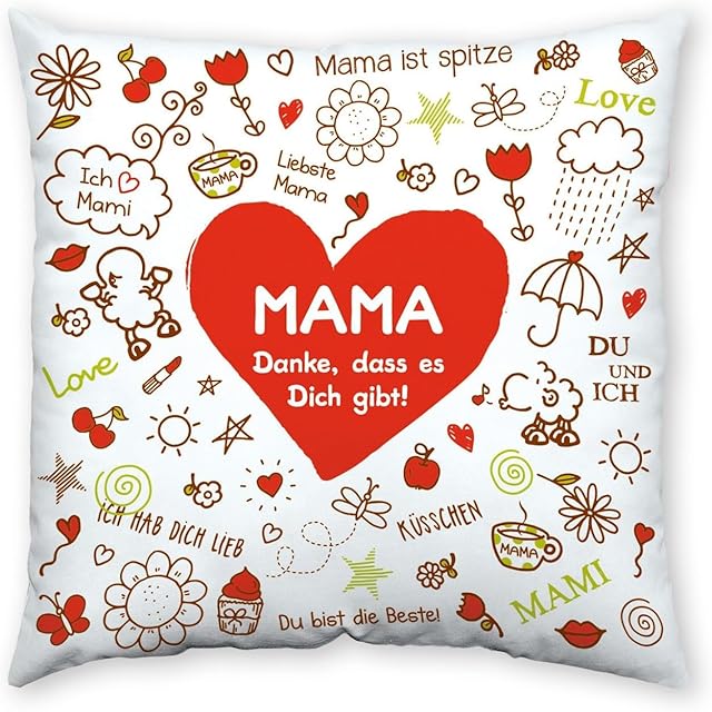 Sheepworld 42911 Bawełniana poduszka z sentencją Mama, Danke, Dass es Dich Gibt, prezent dla mamy, 40 cm x 40 cm