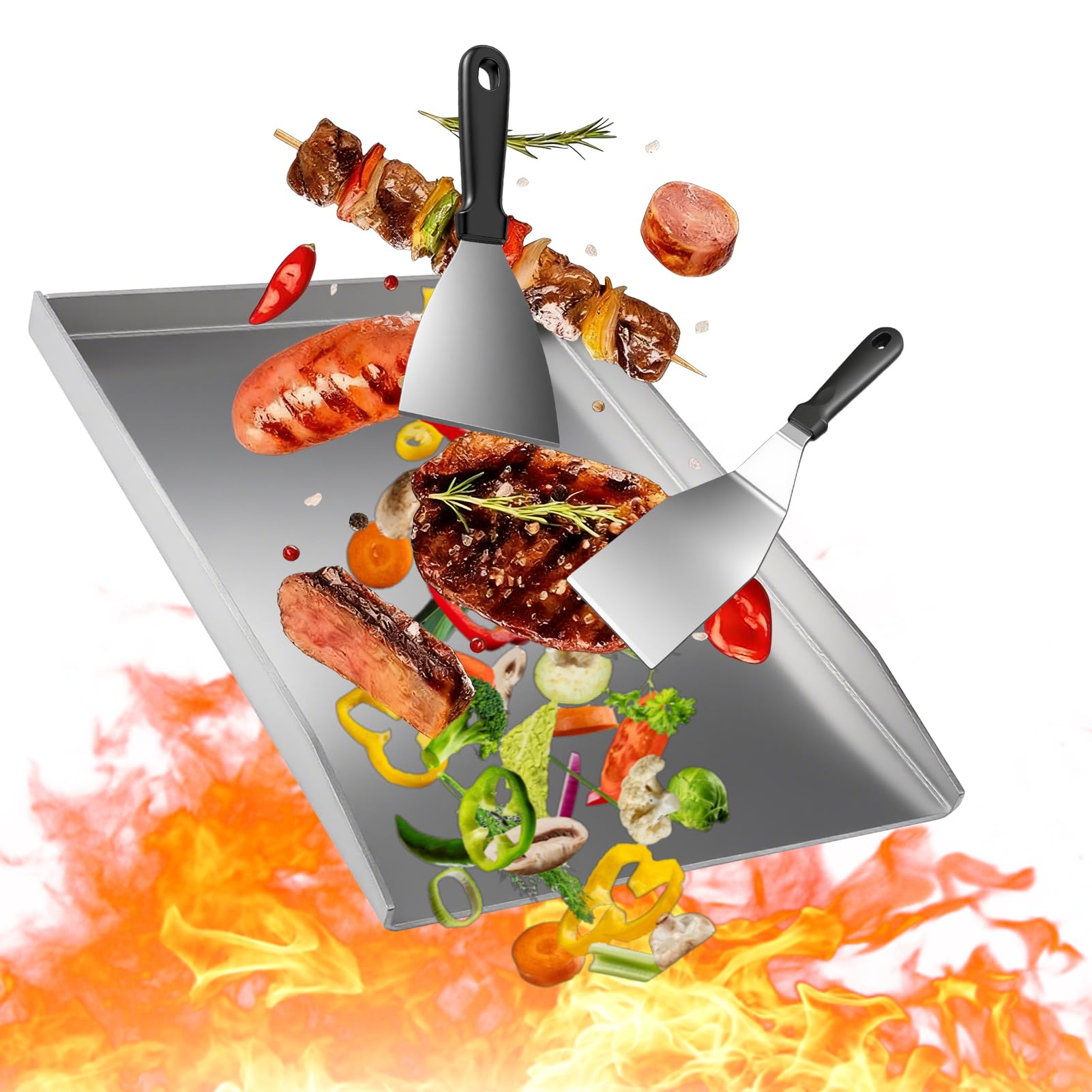 Nikou płyta grillowa ze stali nierdzewnej 40 x 30 cm, płyta grillowa Plancha z 2 łopatkami do grillowania na gaz i węgiel drzewny, uniwersalna płyta grillowa Plancha z łopatką do grillowania