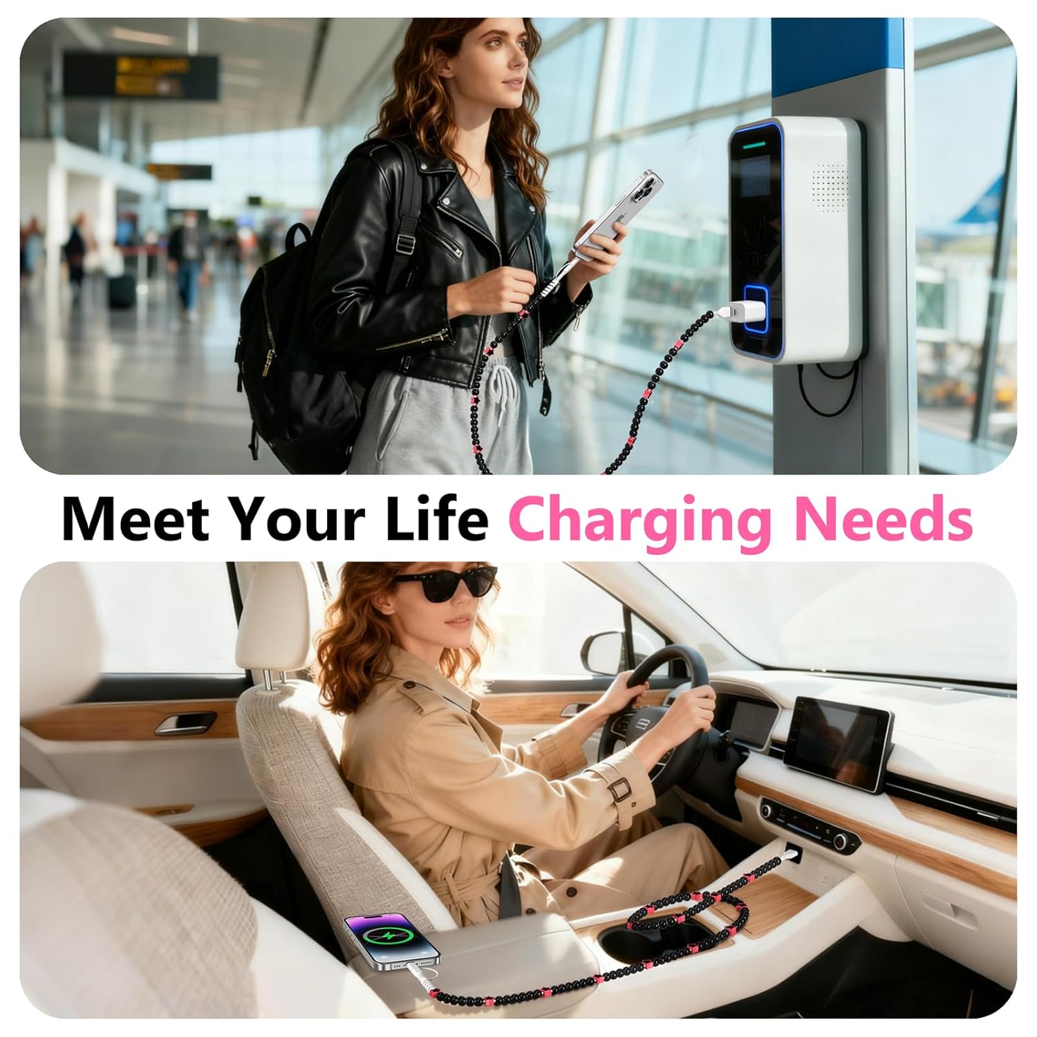 Coolden USB C Cable 2 in 1 Multi Charging Cable Stylish Black Star Beaded Phone Charger for Women Girls for iPhone Charger Cord USB to USB C Cable for iPhone 17/16/15/14, for Samsung S25/S24 - Image 7