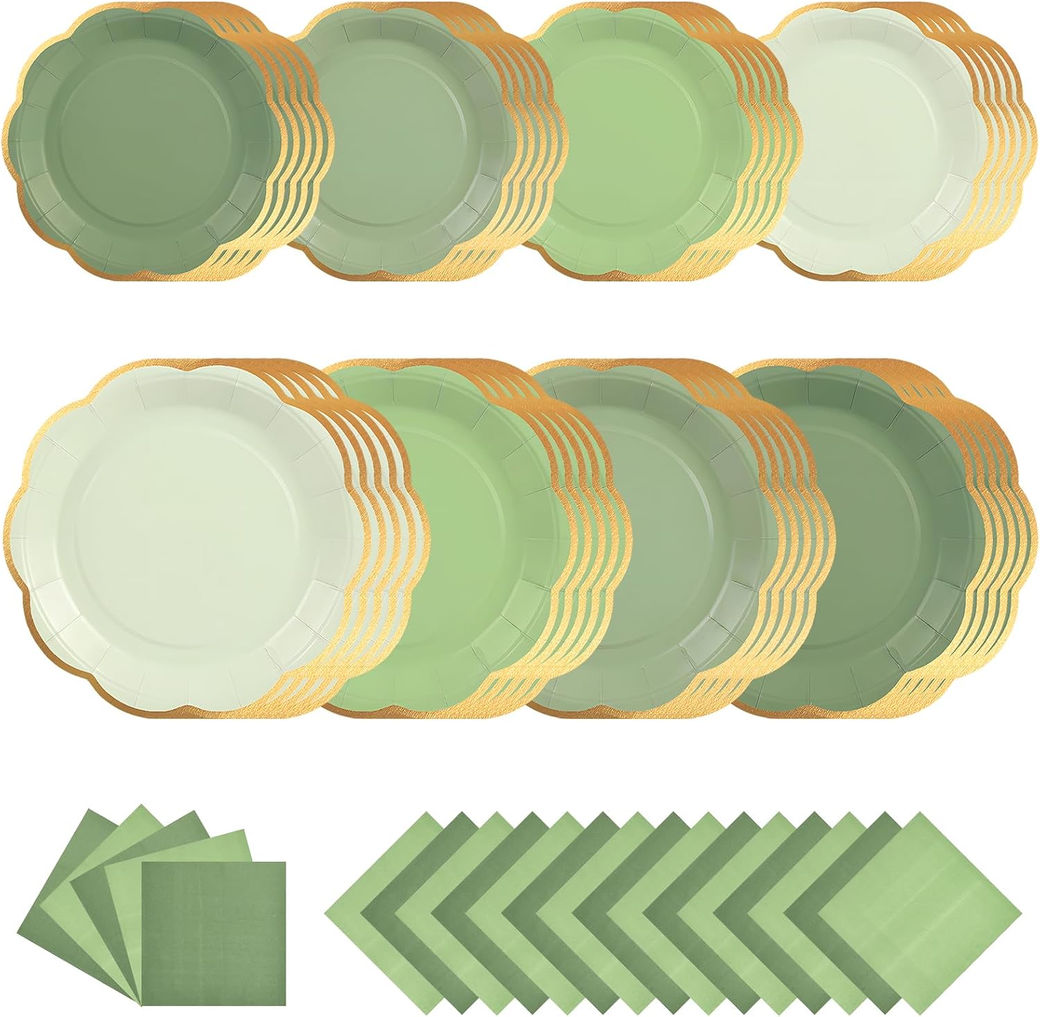 60 Pieces Sage Green Plates and Napkins – Gold Rim Scalloped Paper Plates and Napkins, 4 Shades Green Disposable Party Supplies for Wedding, Bridal Shower, Baby Shower, Garden Party, Serves 20