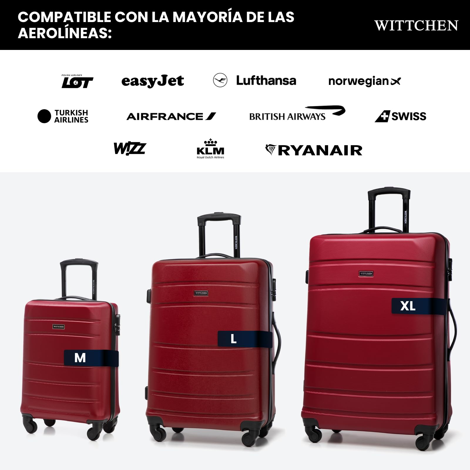 WITTCHEN Maleta Mediana Trolley de Viaje de ABS con 4 Ruedas giratorias Cerradura de combinación Asa telescópica Globe Line Rojo Ryanair/Vueling/Iberia/easyJet/Iberia Express/Air Europa