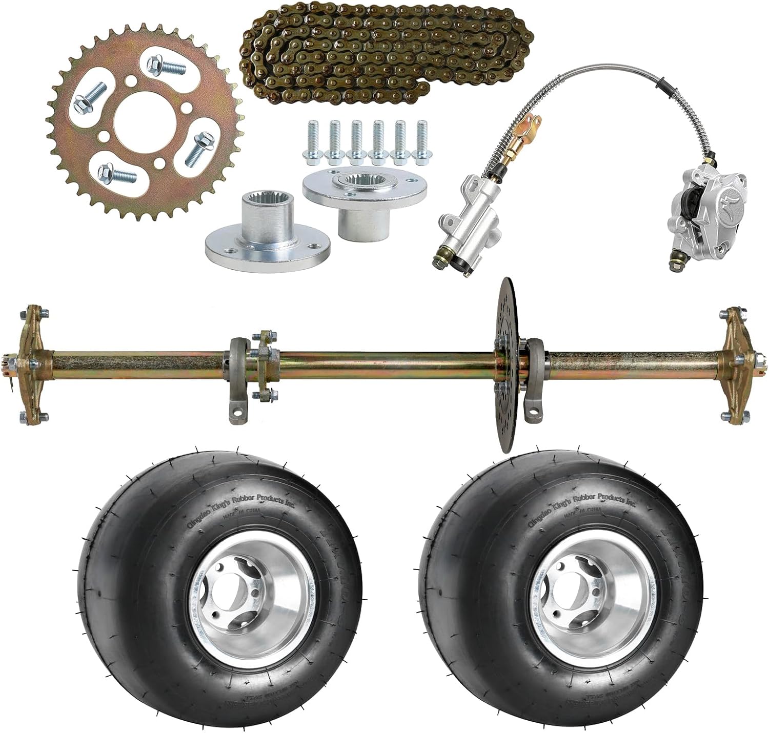 Complete Kit of 32" Live Axle w/Sprocket +11x7.10-5'' Slick Tubeless Tire +132L Chain +Brake Master Cylinder Caliper + 23T 3 Stud Wheel Hubs for 150cc-250cc Dirt Bike Quad Trike Drift Go Kart