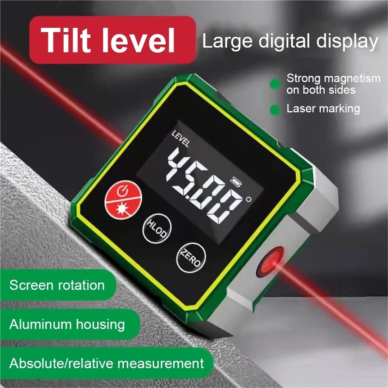 Medida de Distancia láser, Transportador Digital Láser, Inclinómetro, Medidor De Ángulo Nivel, Goniómetro Recargable por USB, Caja LCD Retroiluminada, Buscador Magnético