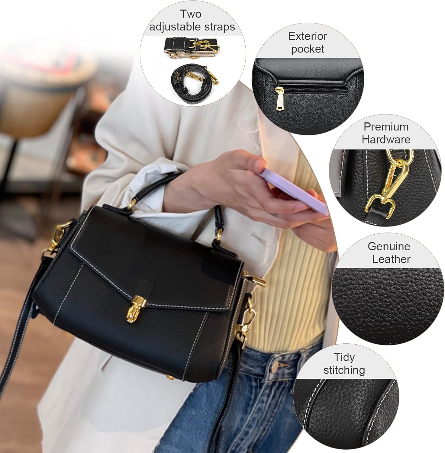 imeetu Genuine Leather Crossbody Bag for Women, Tote Bag Removable Shoulder Strap - Image 3