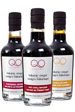 QO Gourmet Flavored Aged Italian Balsamic Vinegar of Modena | Raspberry, Citrus and Hot Chili | 8.5 Fl.oz each | Infused Vinegar Sampler Gift Set | Produced and Bottled in Italy
