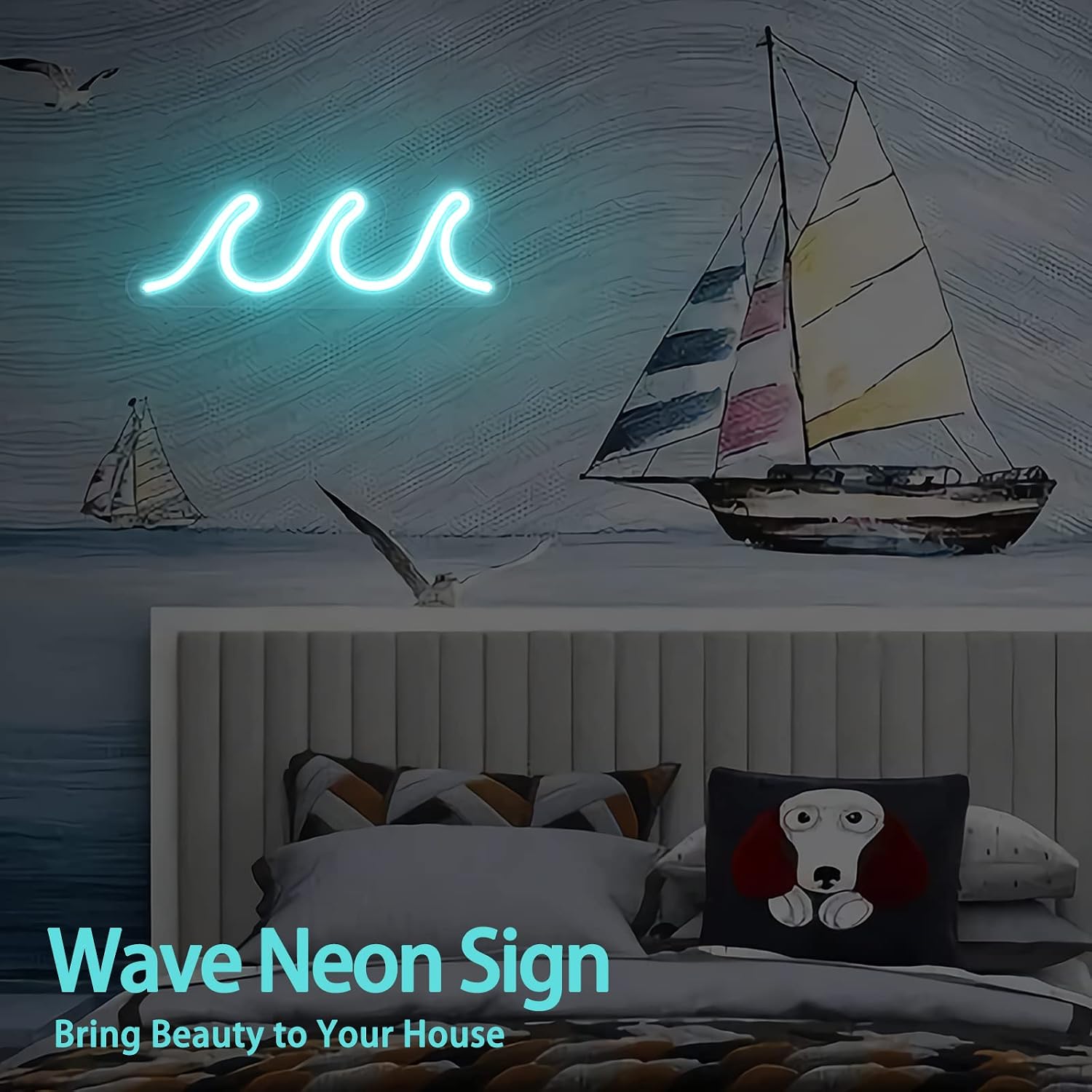 Wave Neon Signs for Bedroom, Ice Blue LED Neon Signs for Wall Decor, Night Lights USB Powered with Dimmer & Switch, Tropical Decor for Living Room, Bar, Dorm, Birthday Gift, Wedding Party