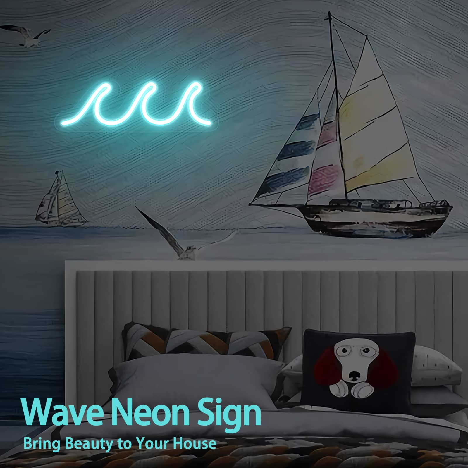 Wave Neon Signs for Bedroom, Ice Blue LED Neon Signs for Wall Decor, Night Lights USB Powered with Dimmer & Switch, Tropical Decor for Living Room, Bar, Dorm, Birthday Gift, Wedding Party