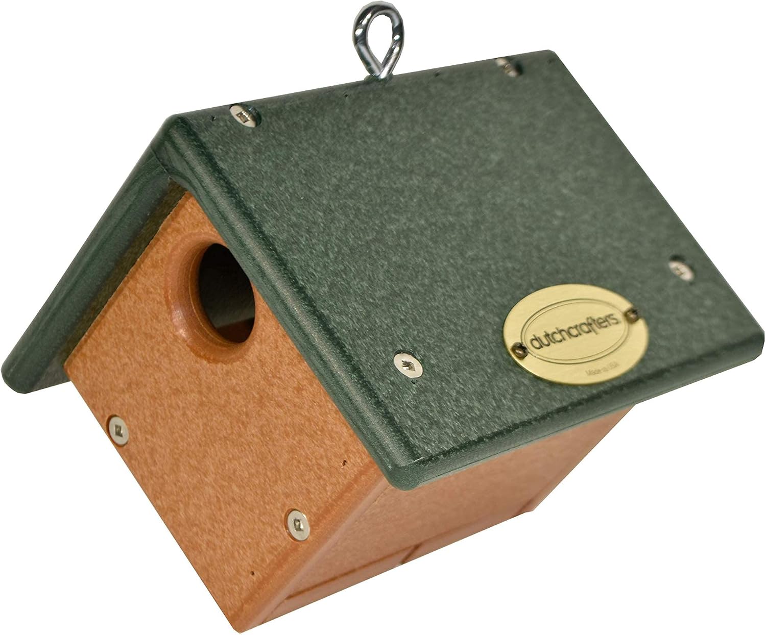 DutchCrafters Plastic Poly Small Diamond Wren Hanging Bird House, Outdoor Bird Nesting Box, Shelter - Amish Made in USA (Turf Green & Bright Cedar)