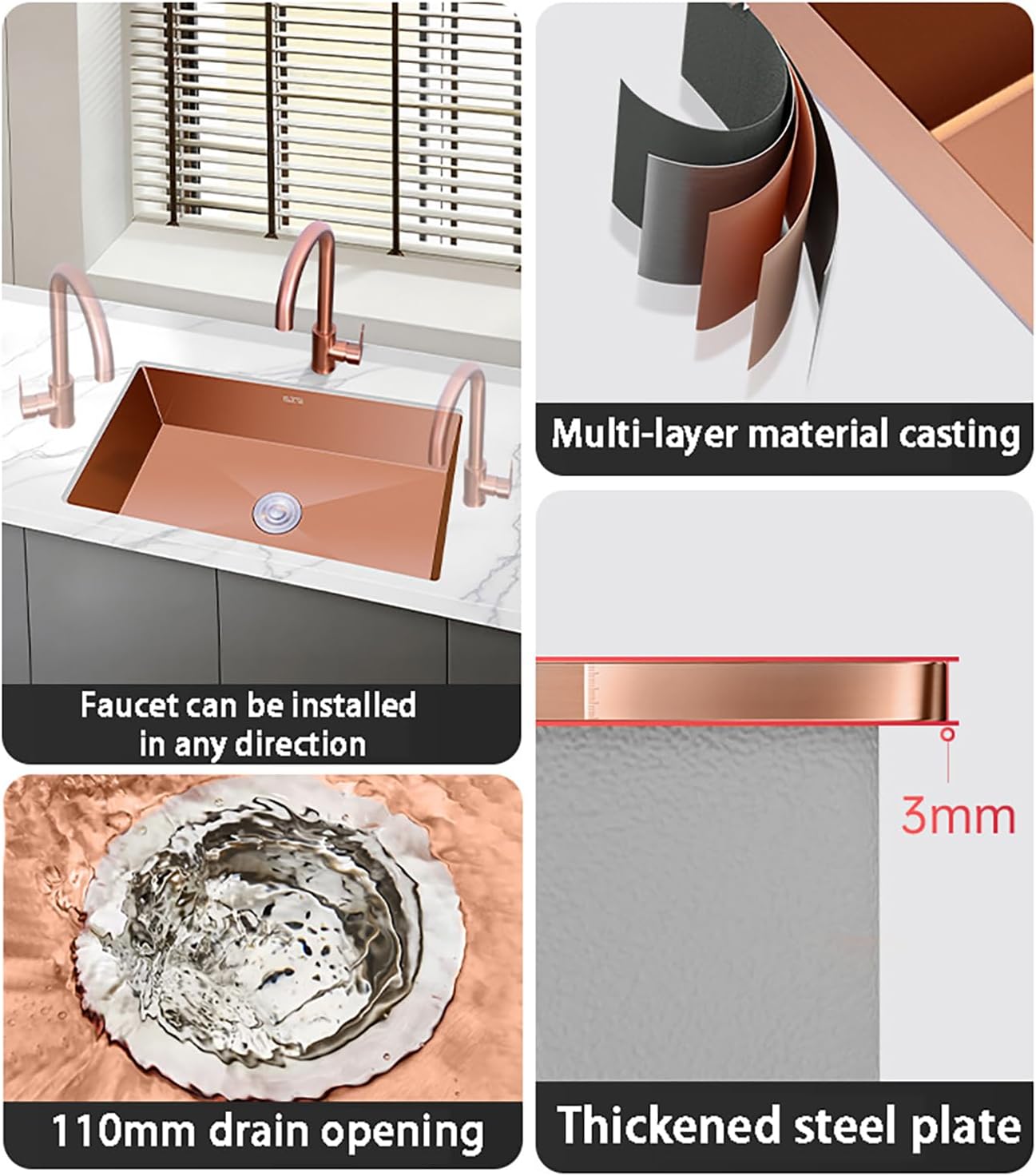 14.9-17In Bar Sink Drop in Handmade Stainless Steel Small Kitchen Sink 1Single Bowl Square Wet Bar Deep Bar/Prep Basin with Pull-Out Faucet And Installation Accessories,Gold,45 * 40 * 21cm