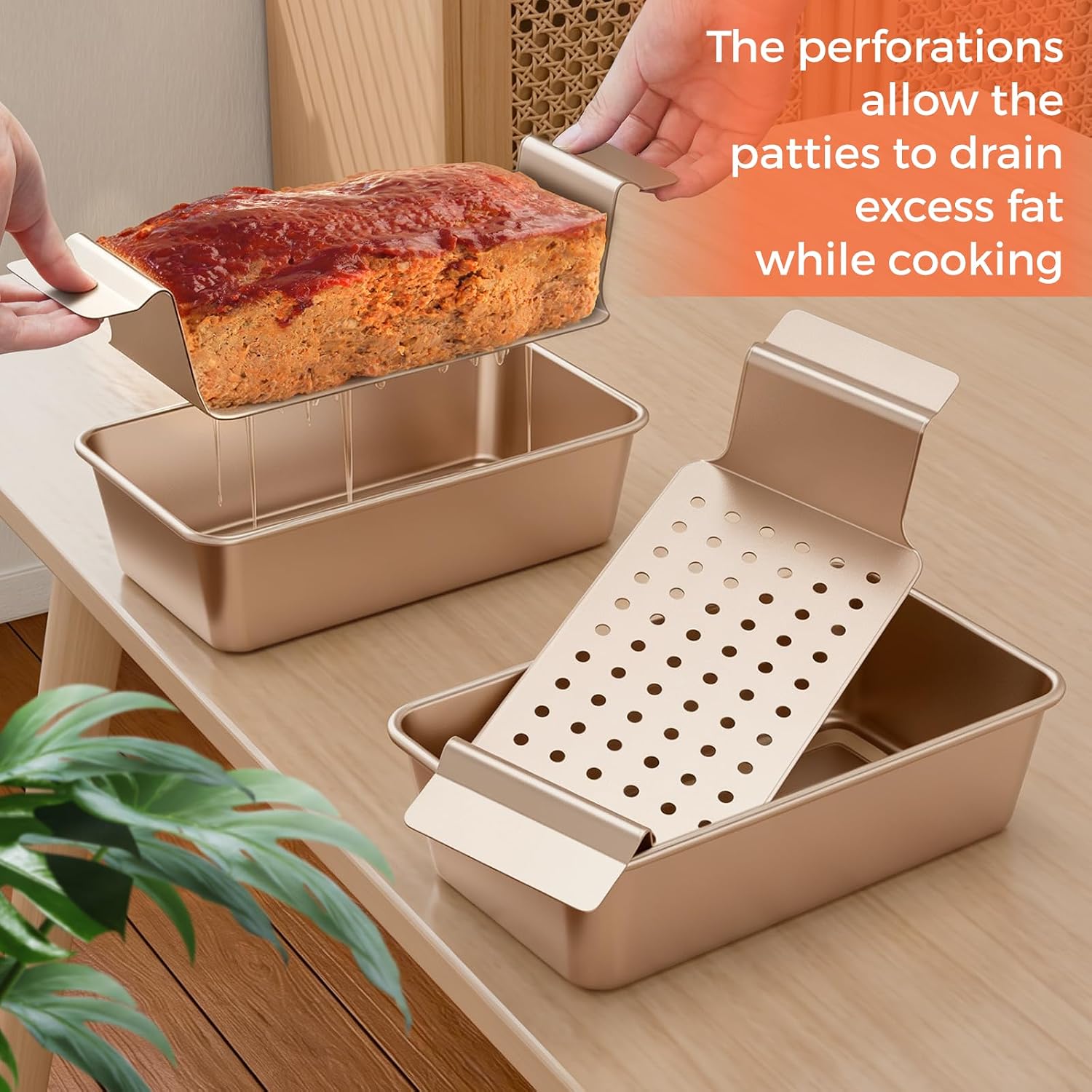 TLAZZ 2 Pack Meatloaf Pan with Drain Tray, Non Stick Meat Loaf Pan with Drip Tray, 9.4 x 5.5 Inch Loaf Pan for Baking Bread and Meatloaf, Gold