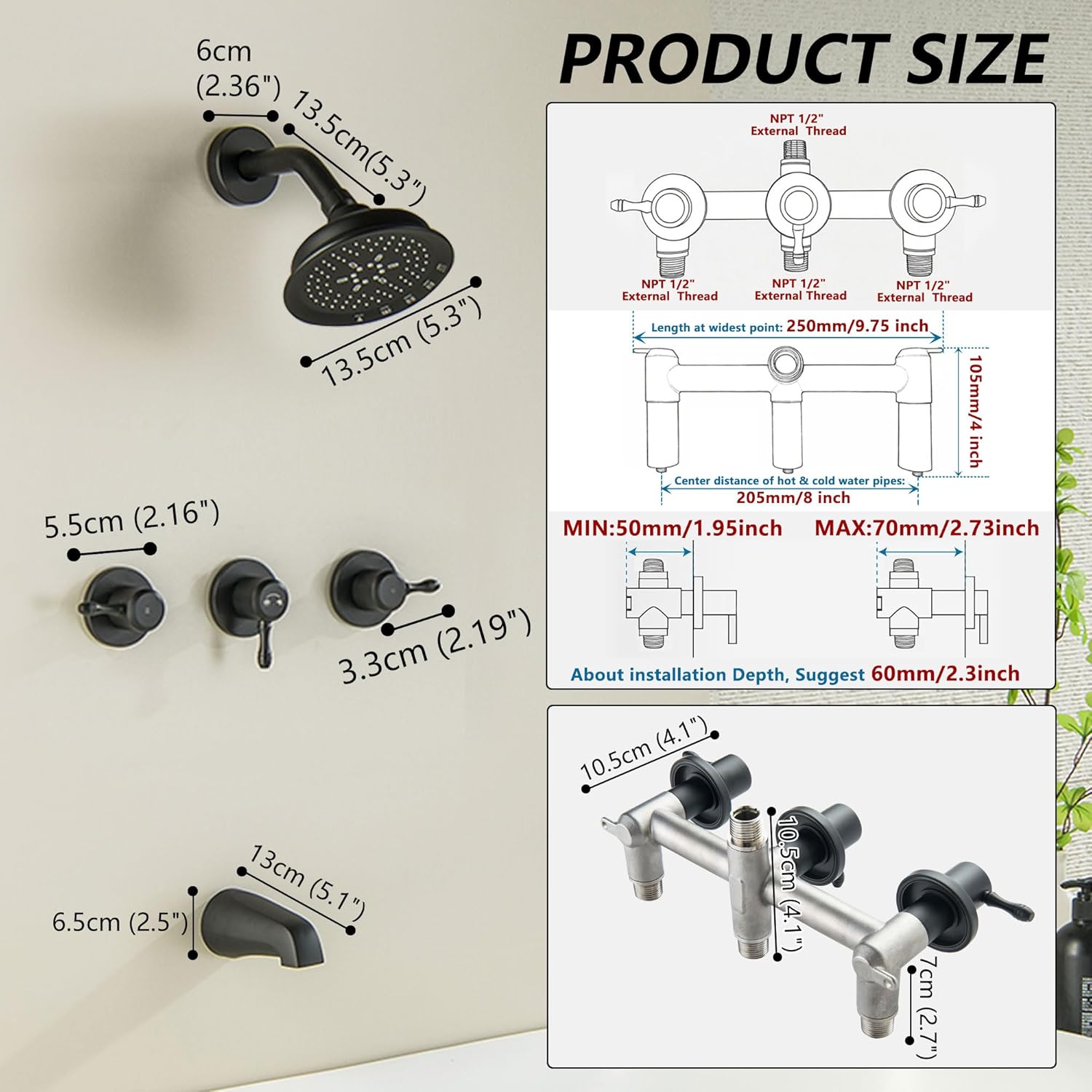 3 Handle Tub Shower Faucet Set, Bathtub Shower Trim Kit with Tub Spout, Shower System Complete 3 knobs, Matte Black