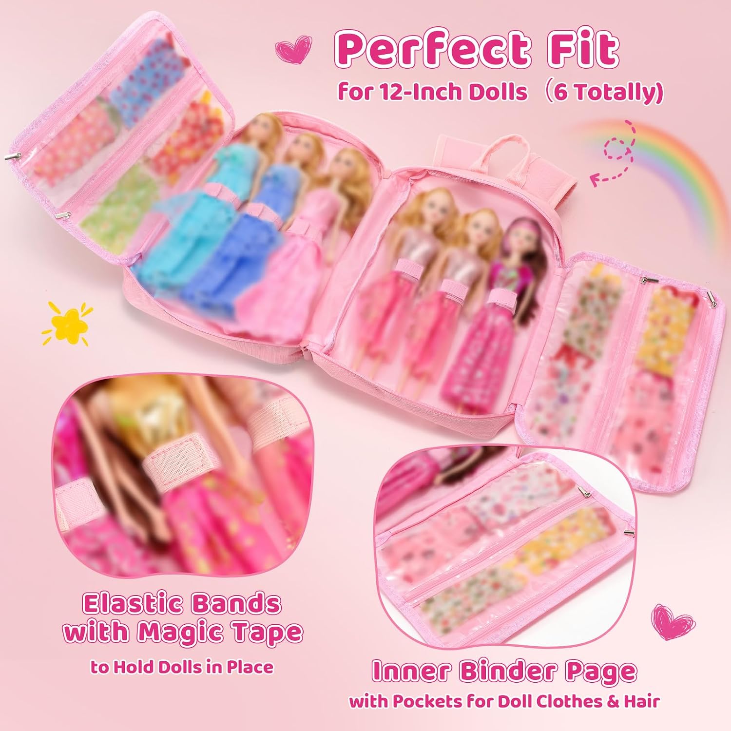 Carrying Backpack Compatible with Barbie Dolls 12-Inch,Travel Storage Organizer with Fix Strips Holds up to 6 Dolls，Multiple Pockets for Clothes & Accessories,Bag Only(Pink) image 4