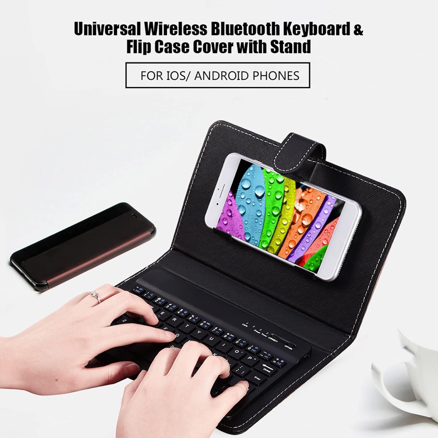 Watris Veiyi Wireless Keyboard with Leather Case - Bluetooth Cell Phone Keyboard Case, Flip Cover with Stand for iOS Android