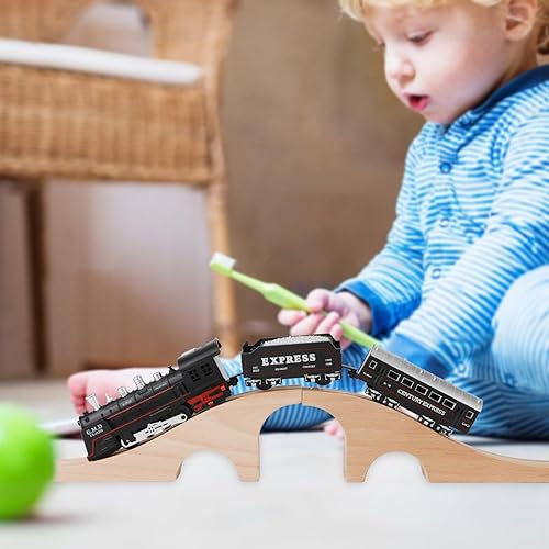 Miniatura 5 de Puente de tren de madera, accesorios de pista de tren de madera, expansión de pista de tren de madera maciza, tres agujeros, tren de tren, juguete