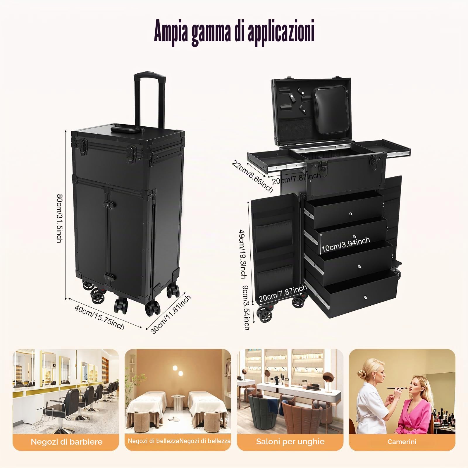Valigetta per cosmetici con trolley, grande valigetta per trucco con 6 ruote universali a 360°, valigetta in alluminio con 4 cassetti, con serratura per truccatori e amanti della bellezza