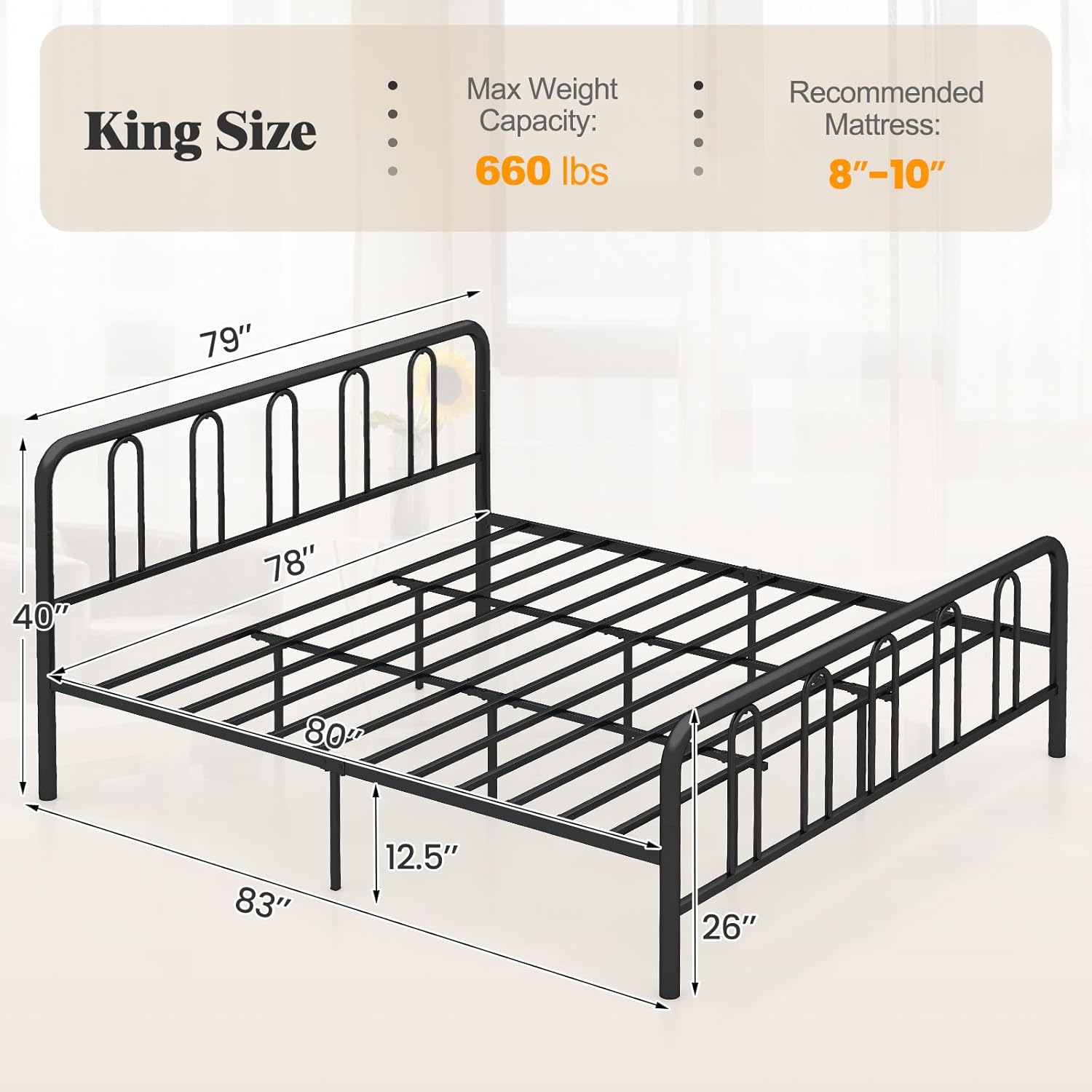 Giantex Full/Queen Size Bed Frame with Headboard, 14-Inch Heavy-Duty Metal Platform Bed with Noise-Free Design, Modern Mattress Foundation No Box Spring Needed, Black (King)