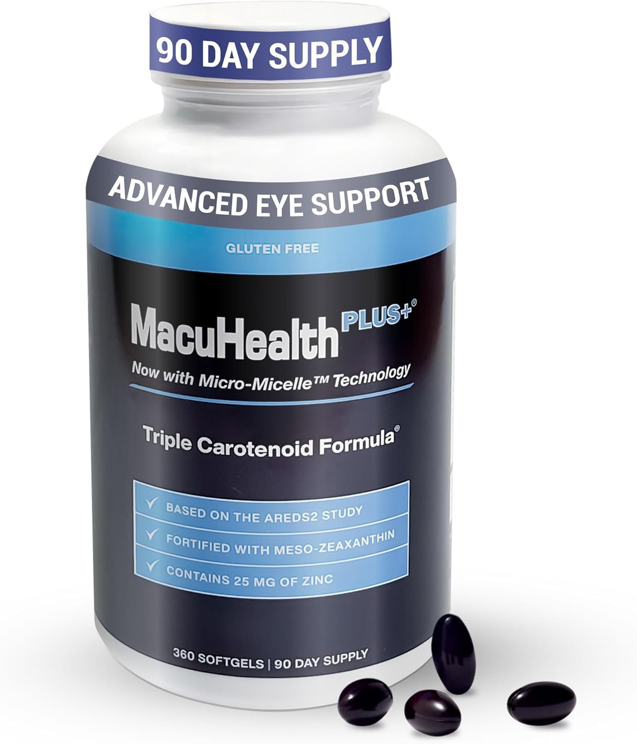 مكمل فيتامينات Macuhealth Plus للبالغين - توريد لمدة 90 يومًا للصيغة القائمة على AREDS2 مع اللوتين و Zeaxanthin و Meso-Zeaxanthin - فيتامين خال من النكهة والغلوتين للعيون