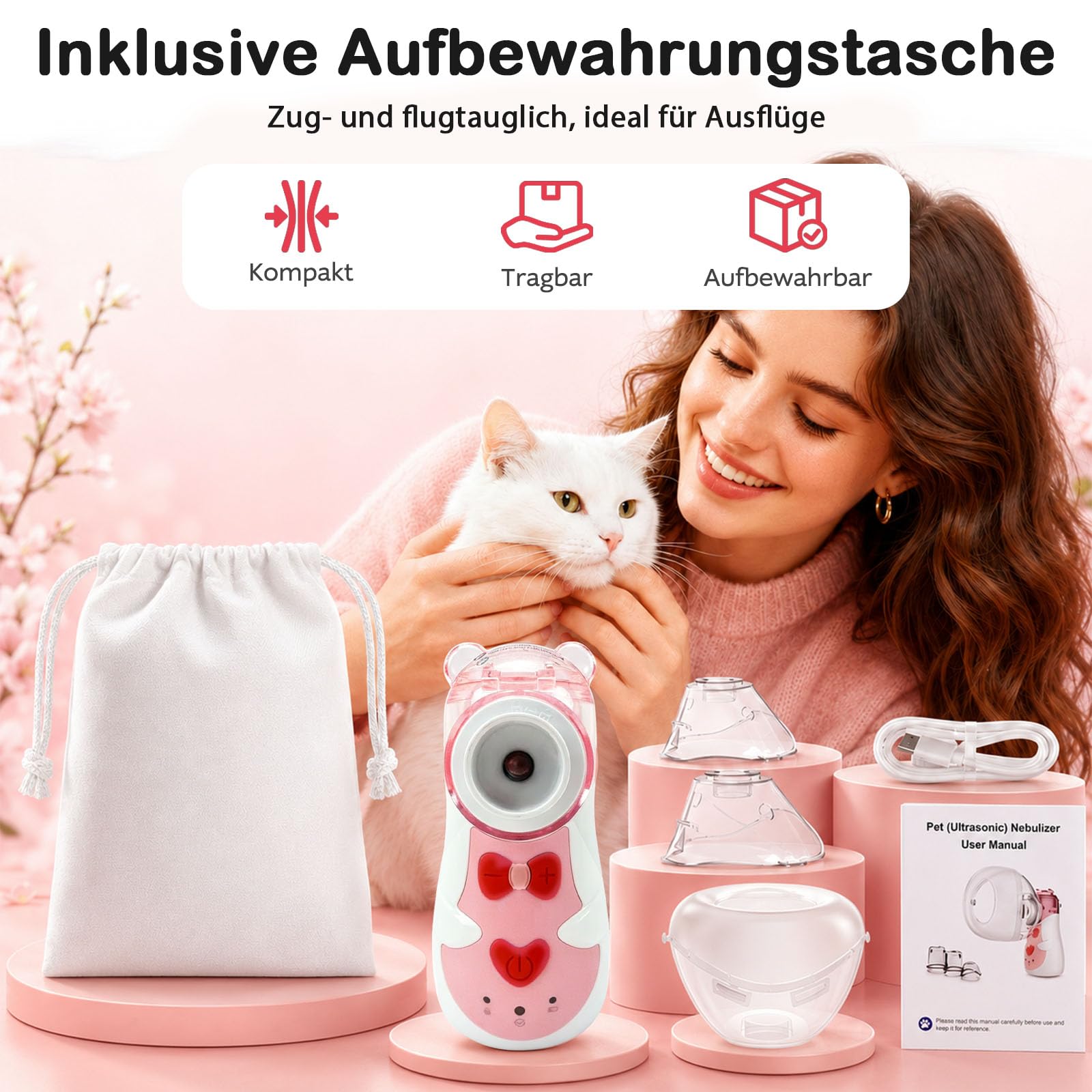 Katzenvernebler & Haustier-Inhalationsmaske, geräuscharm, für Katzen & Welpen, Rosa S