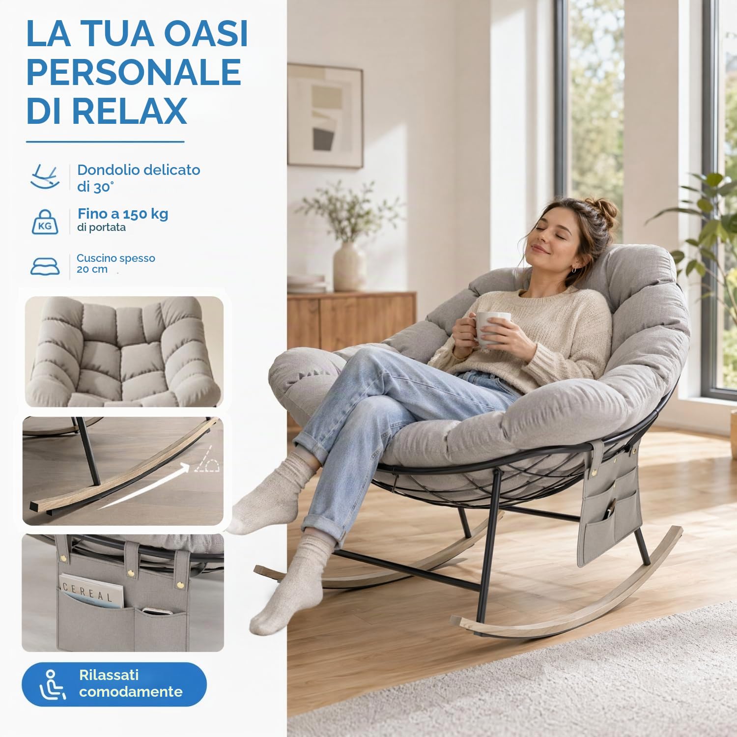Sedia a Dondolo Esterno Oversize con Tasca Laterale per Soggiorno, Giardino | Poltrona a Dondolo Relax con Cuscino Imbottito, Struttura in Acciaio Portata 150kg Ergonomica per Interno, Camera da Letto