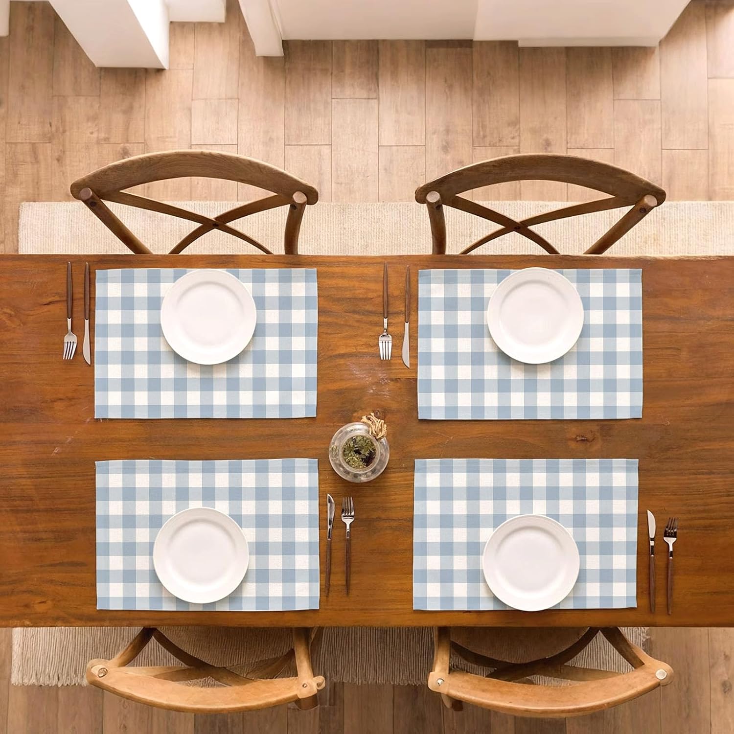 Dusty Blue Gingham Placemats Light Blue Checkered Table Mats for Boy Girl Baby Shower Birthday Party Dining Table Decorations (12" x 18")
