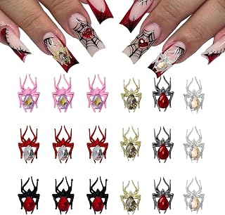 18Pcs Halloween Nail Art Rhinestones 3D Alloy Spider Nail Charms Red Pink Gold Black Silver Metal Nail Supplies 6 Colors Crystal Gems Nail Decorations for Women DIY Manicure Crafts Accessories
