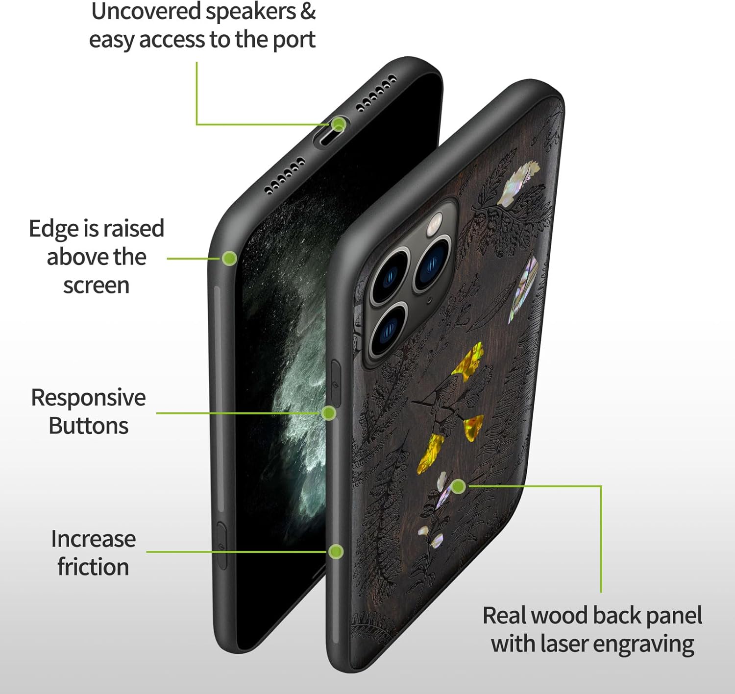 Carveit Designer Wooden Protective Case for iPhone 11 Pro Cover [Wood Engraving & Shell Inlay] Compatible with 11 Pro Case (Fern Leaves & Herbs-Blackwood)