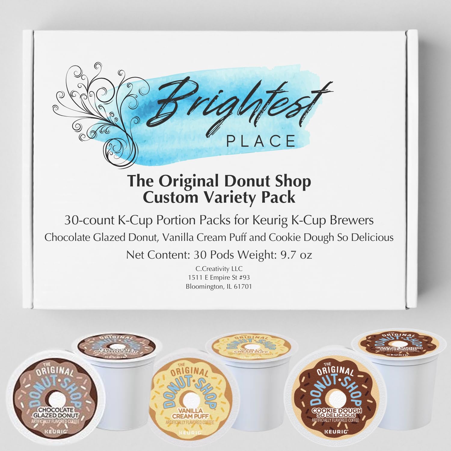 30-count single serve portion packs for Keurig K-Cup Brewers Variety with The Original Donut Shop Coffee flavors Vanilla Cream Puff, Chocolate Glazed Donut and Cookie Dough Packaged by Brightest Place compatible with k-cups