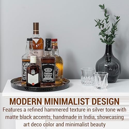Miniatura 2 de MyGift Bandeja decorativa redonda de 12 pulgadas, chapada en tono plateado, aluminio martillado con acento negro mate, plato para centro de mesa o